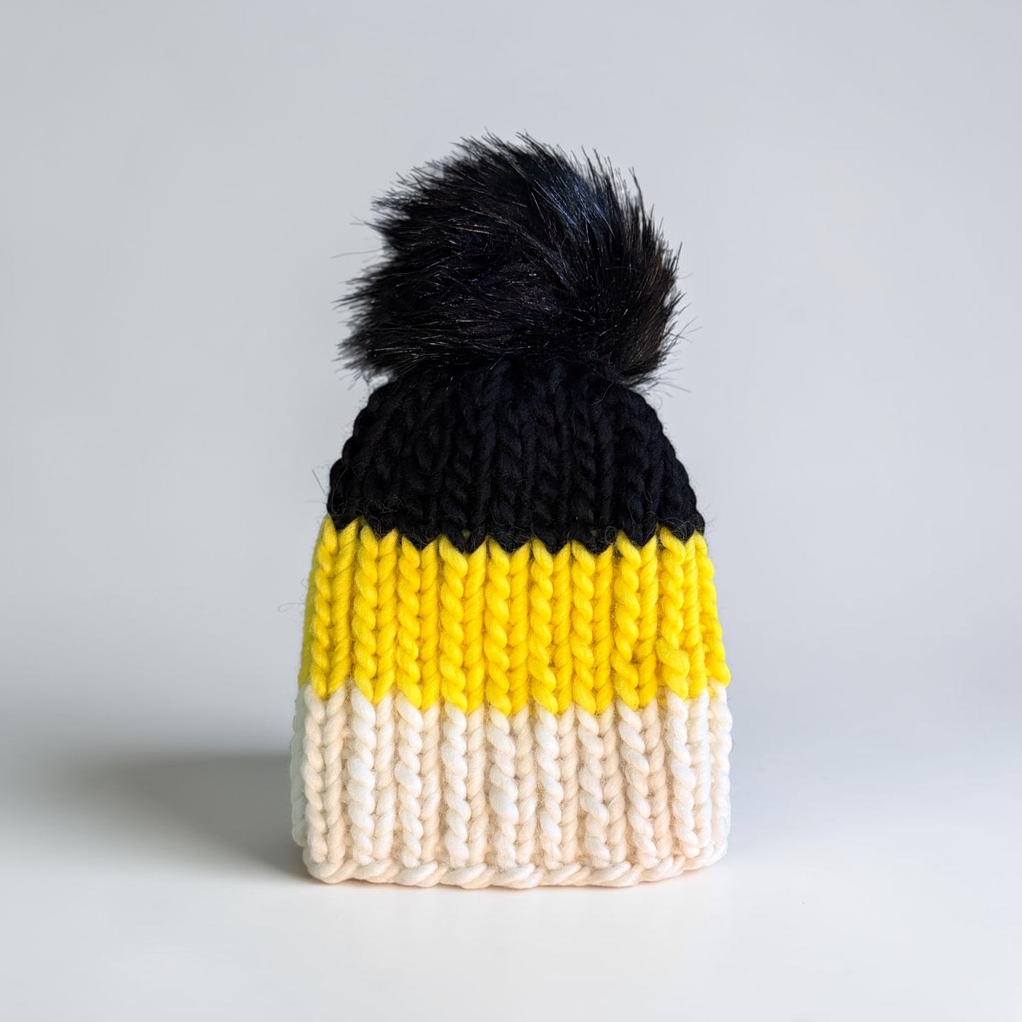 Baby Knit Beanie, Yellow, White and Black with Pom, 0-12 Mo