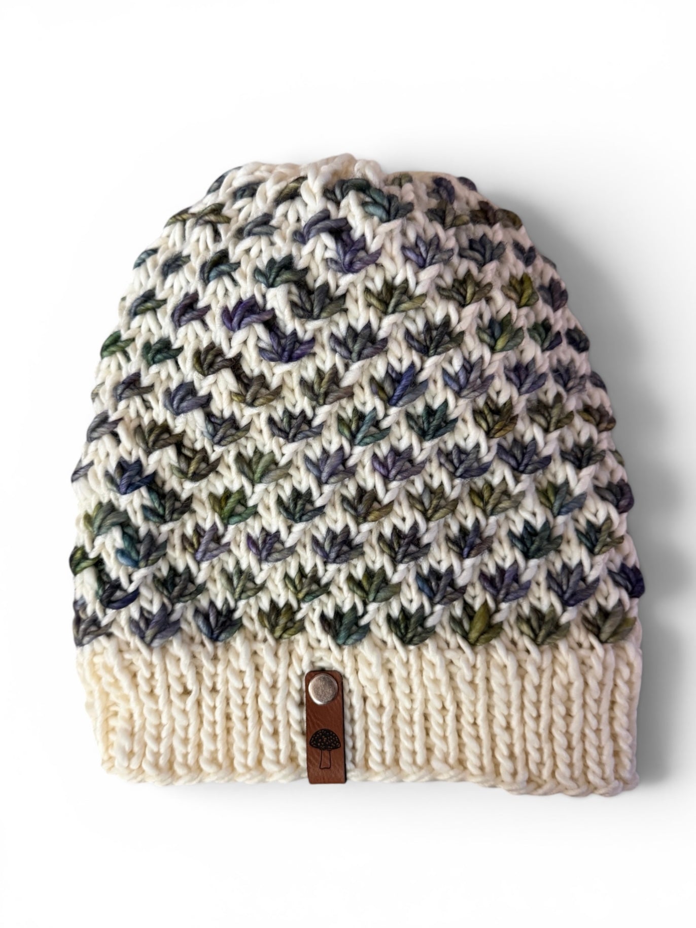 Lotus Flower Knit Beanie, Lightweight, Multi Purple / Green on Natural (Copy)