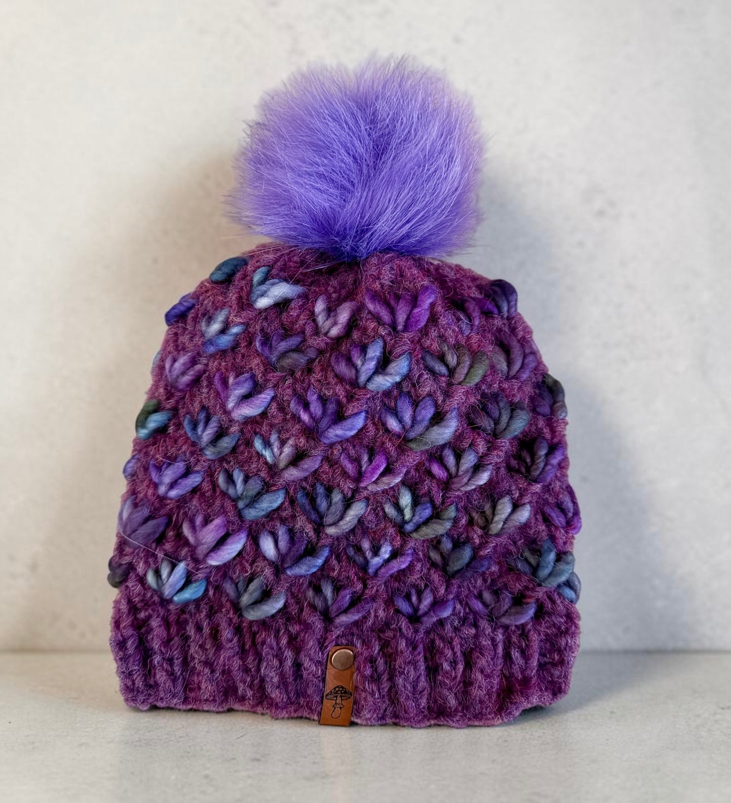 Lotus Flower Beanie, Fuzzy Purple, Kids Size with Pom