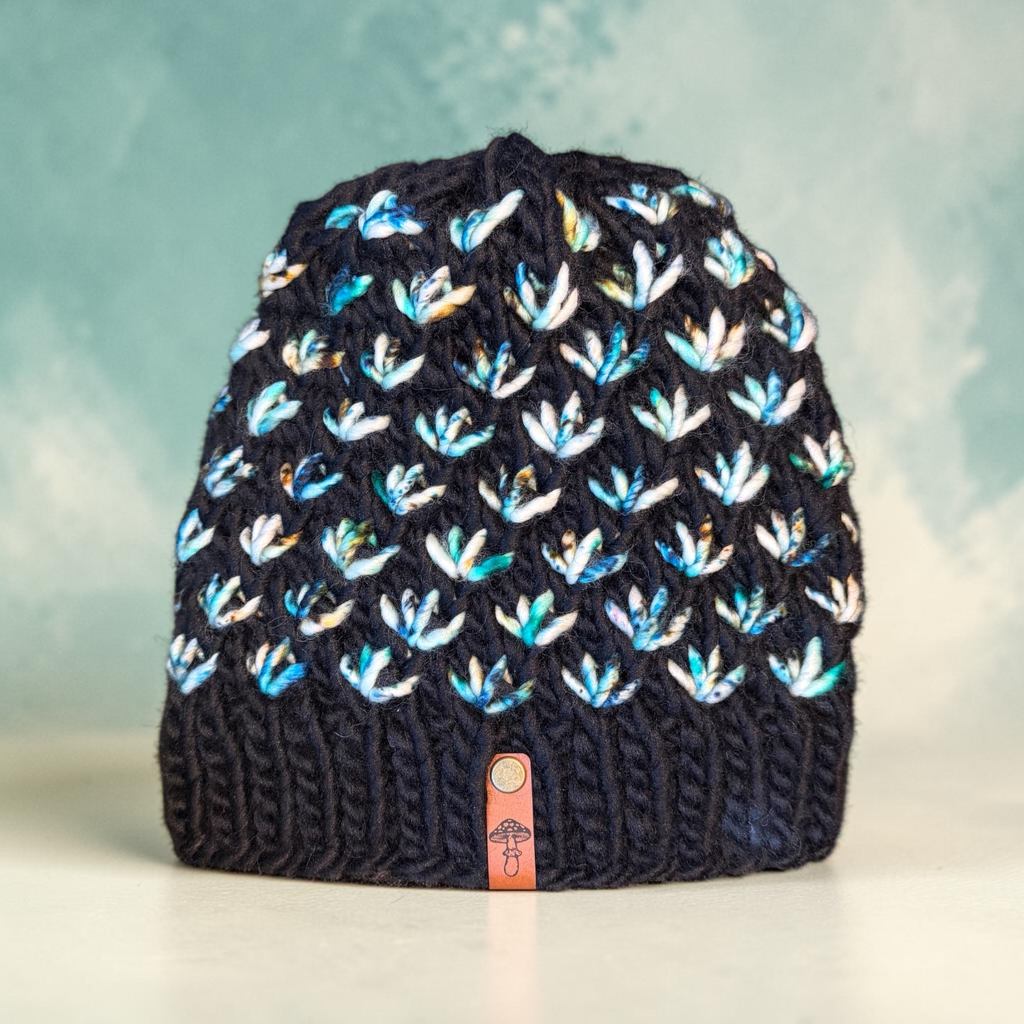 Lotus Flower Knit Beanie, Super Bulky, Multi Green on Black