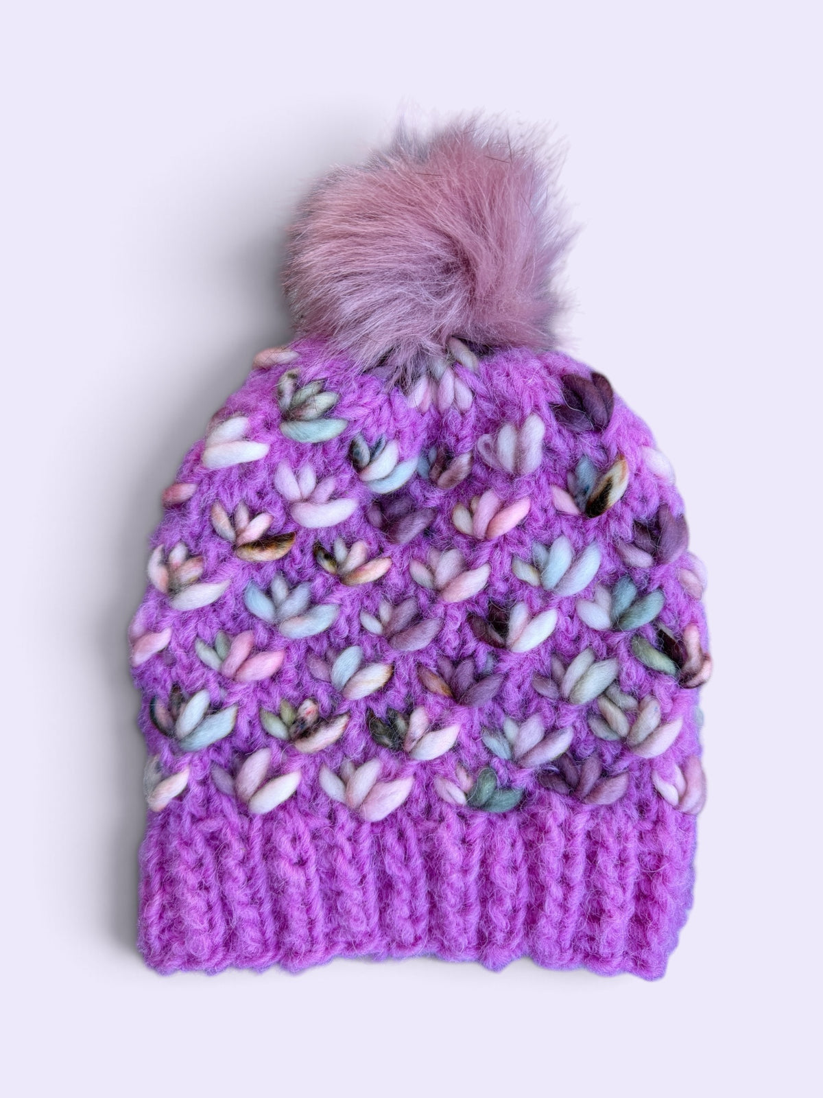 Lotus Flower Beanie, Fuzzy Pink, Kids Size with Pom