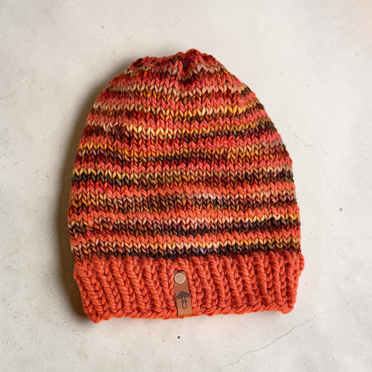 Simple Knit Beanie, Lightweight, Orange and Golden Stripes