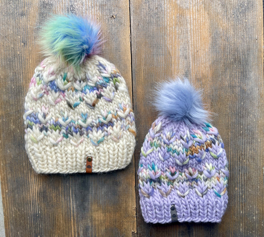 Mother + Daughter Beanie Set, Super Bulky, Lavender Multi with Pom