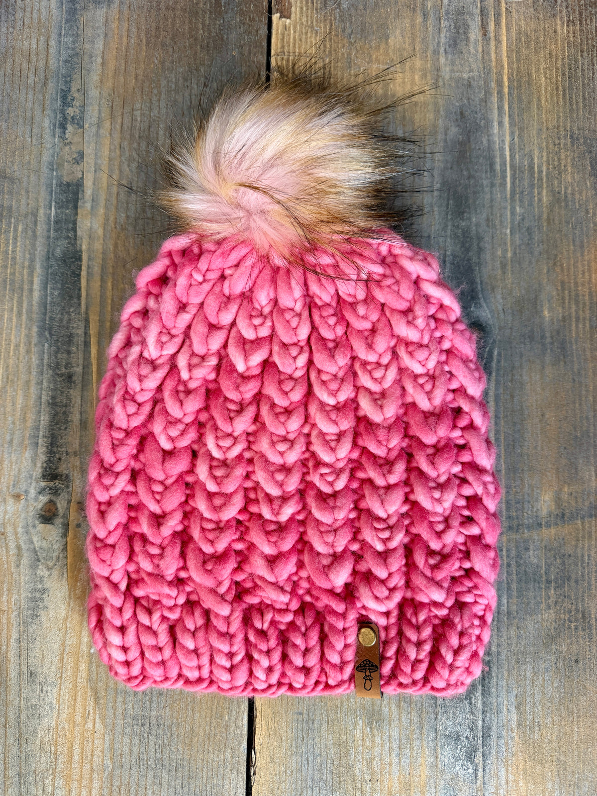 Braided Hearts Beanie, Super Bulky, Pink with Pom