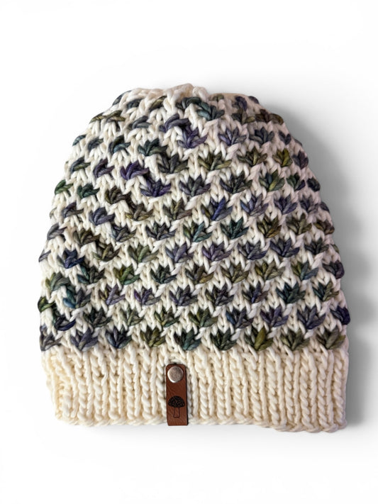 Lotus Flower Knit Beanie, Lightweight, Multi Purple / Green on Natural