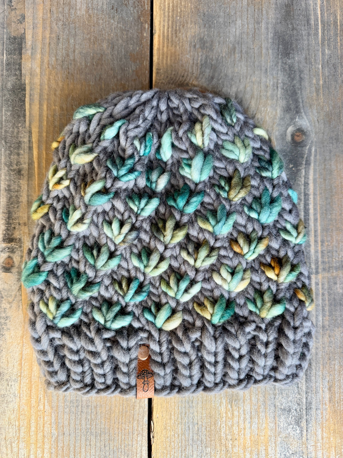 Lotus Flower Knit Beanie, Super Bulky, Multi Green on Gray