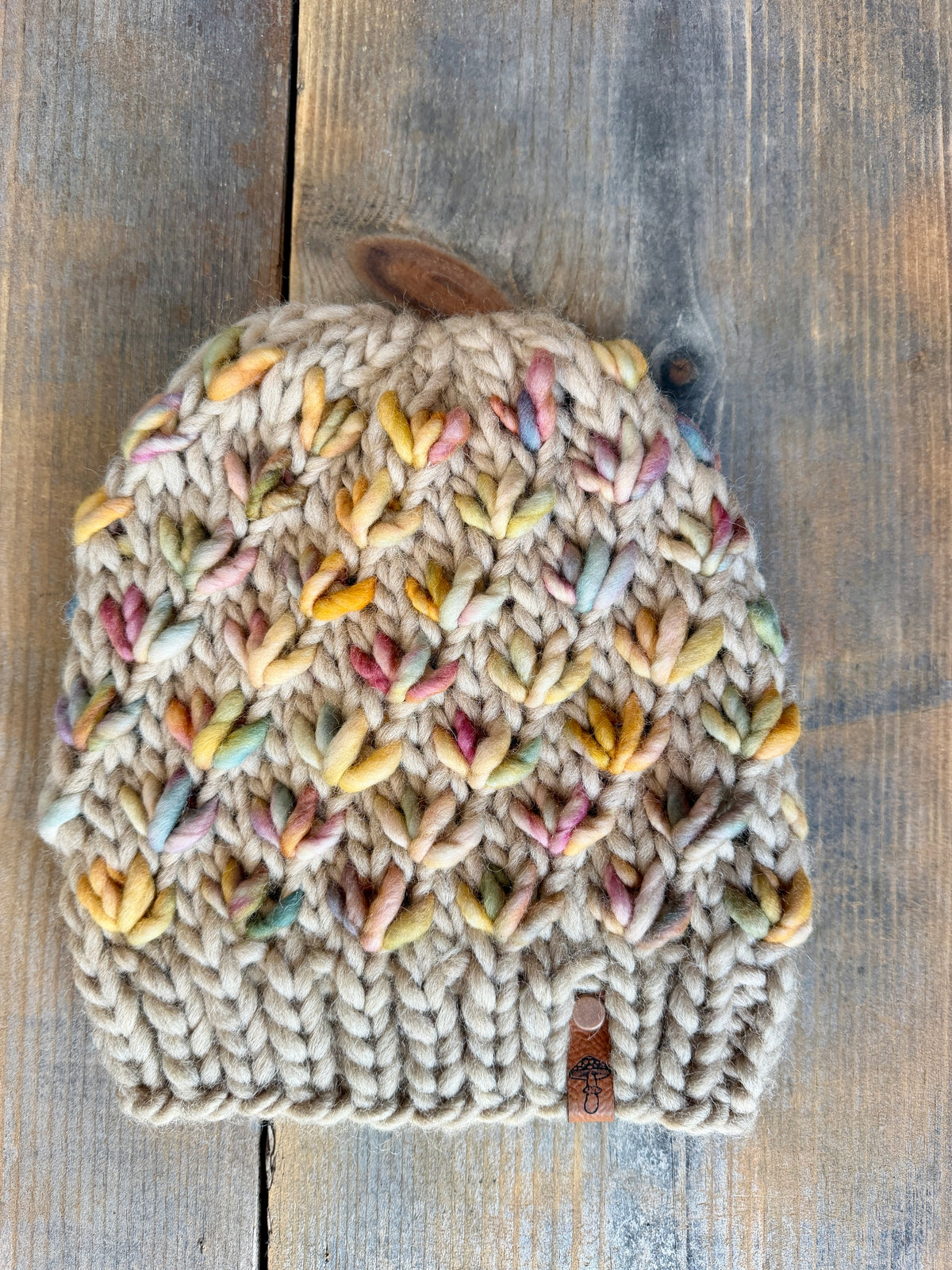Lotus Flower Knit Beanie, Super Bulky, Warm Sunset on Taupe