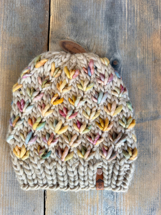 Lotus Flower Knit Beanie, Super Bulky, Warm Sunset on Taupe