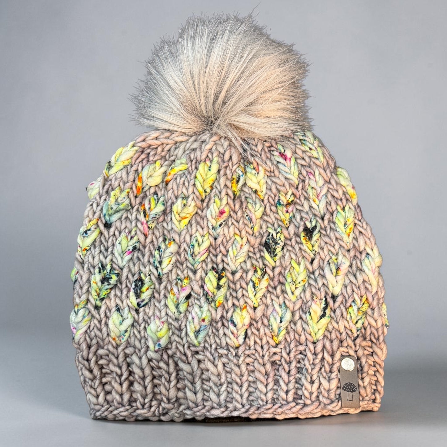 A New Leaf Knit Beanie, Super Bulky, Multi / Yellow on Gray with Pom