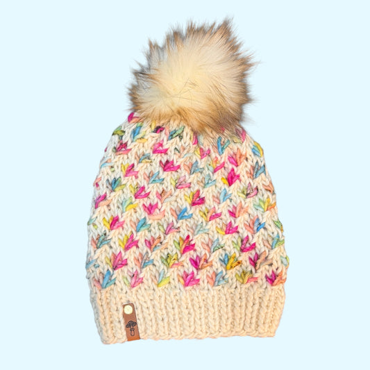 Lotus Flower Knit Beanie, Super Bulky, Multi/ Rainbow on Natural with Pom