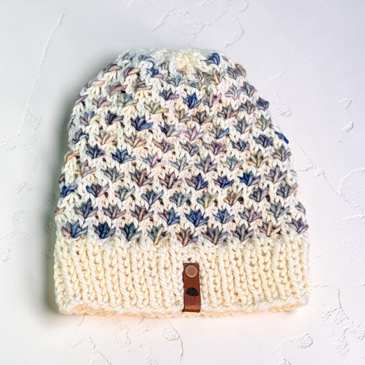 Lotus Flower Knit Beanie, Lightweight, Multi Pastel Rainbow on Natural
