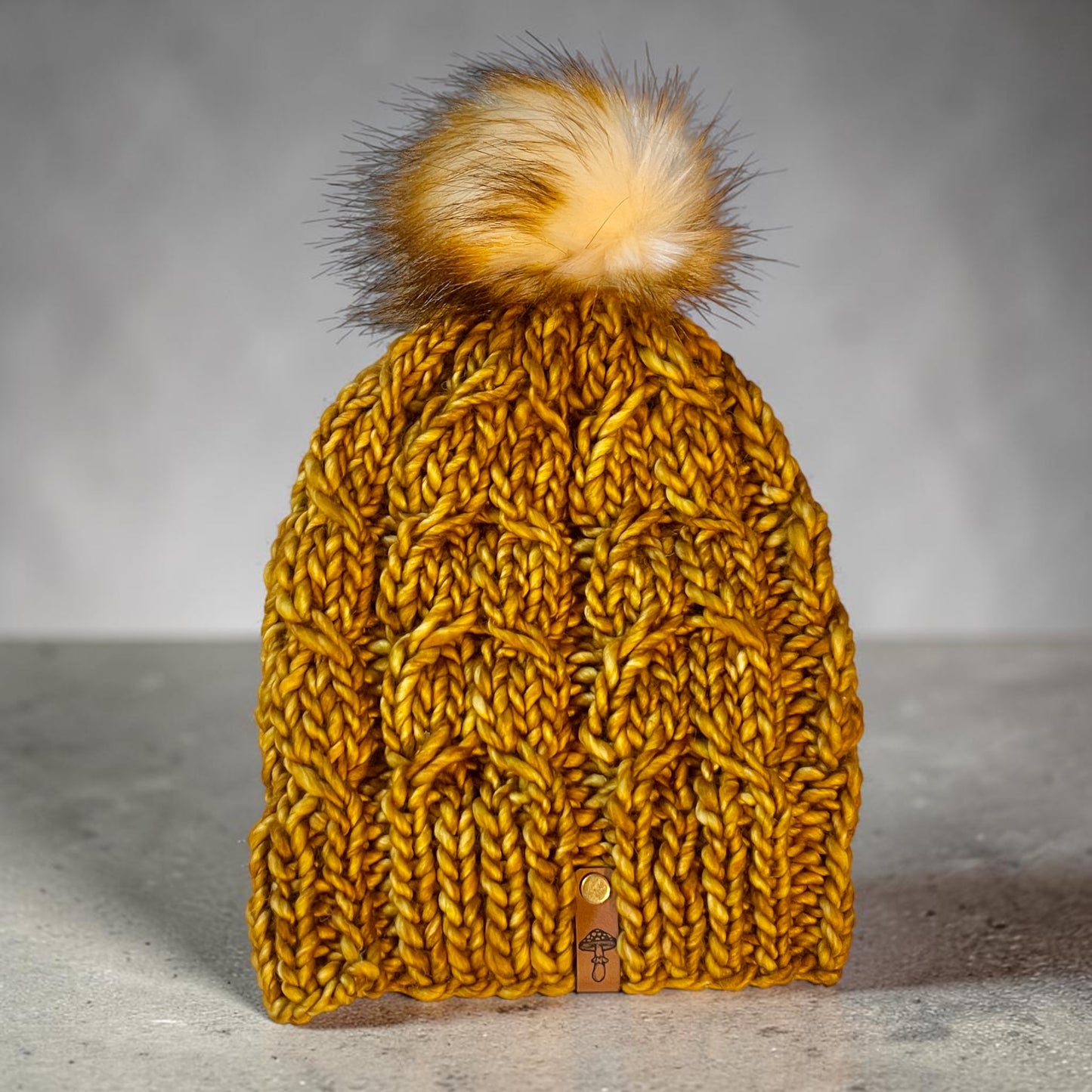 Sugar Twist Knit Beanie, Super Bulky, Golden with Pom