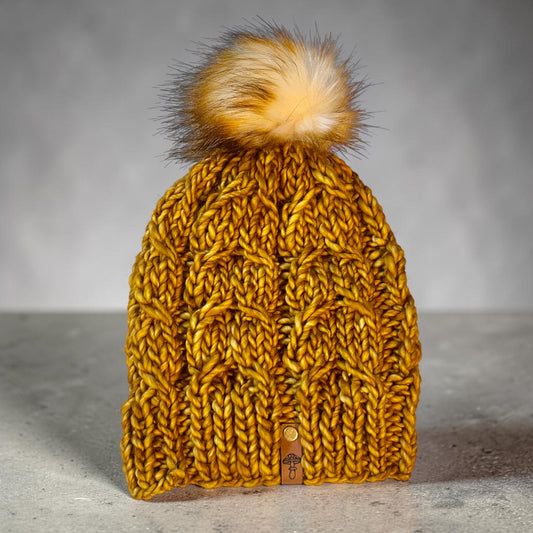 Sugar Twist Knit Beanie, Super Bulky, Golden with Pom