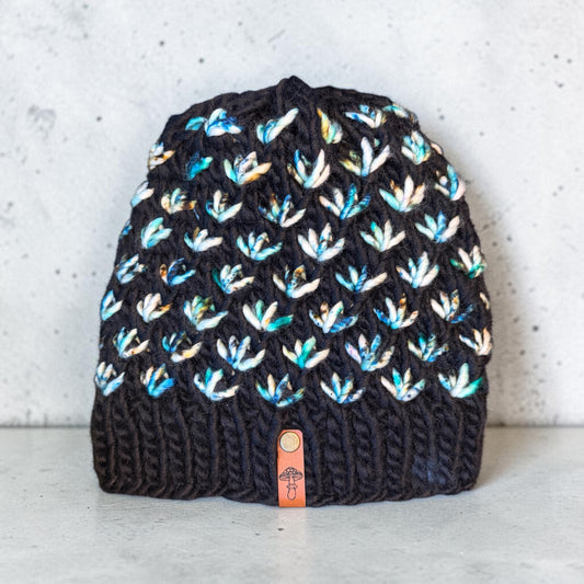 Lotus Flower Knit Beanie, Super Bulky, Multi Green on Black