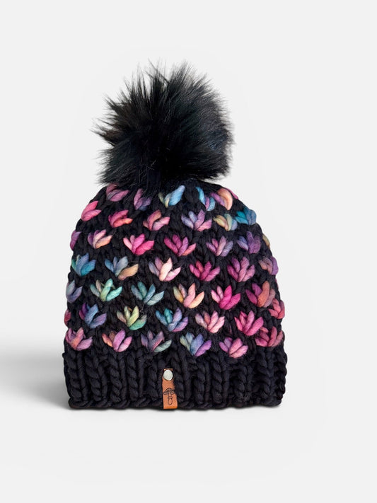 Lotus Flower Knit Beanie, Super Bulky, Rainbow on Black with Pom
