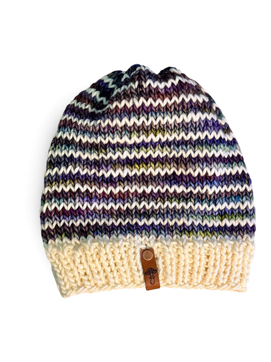 Simple Knit Beanie, Lightweight, Natural and Rainbow Stripes
