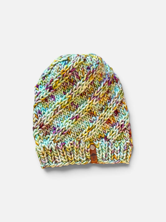 Estuary Knit Beanie, Light Super Bulky, Teal and Multi