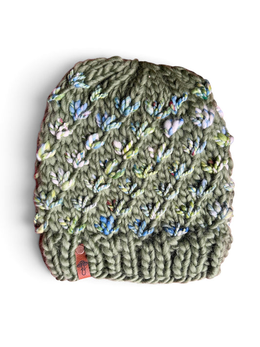 Lotus Flower Knit Beanie, Super Bulky, Multi Recycled Wool on Olive