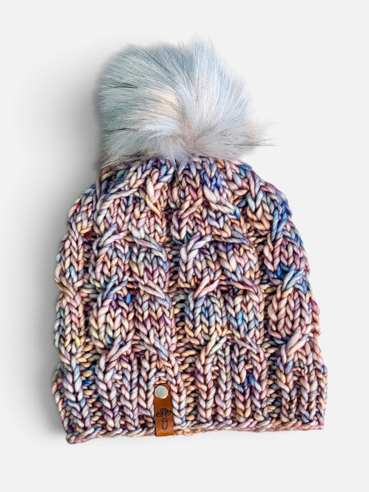 Sugar Twist Knit Beanie, Super Bulky, Spring Skies with Pom