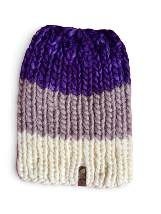 Tri-Color Knit Beanie, Super Bulky, Purple / Gray / Natural
