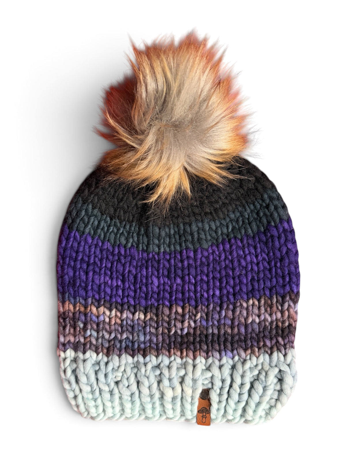 Simple Knit Beanie, Super Bulky, Multi Purple Stripes with Pom