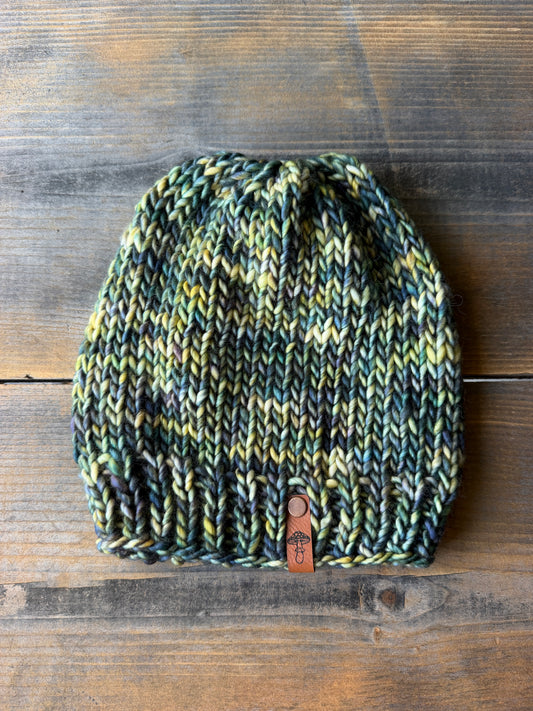 Simple Knit Beanie, Light Super Bulky, Green / Yellow