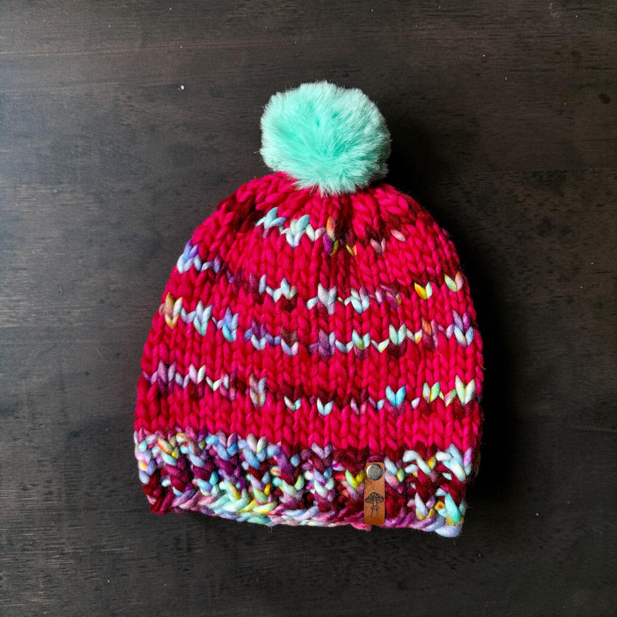 Dancing Lights Natural Fiber Beanie, Fuschia and Teal with Pom